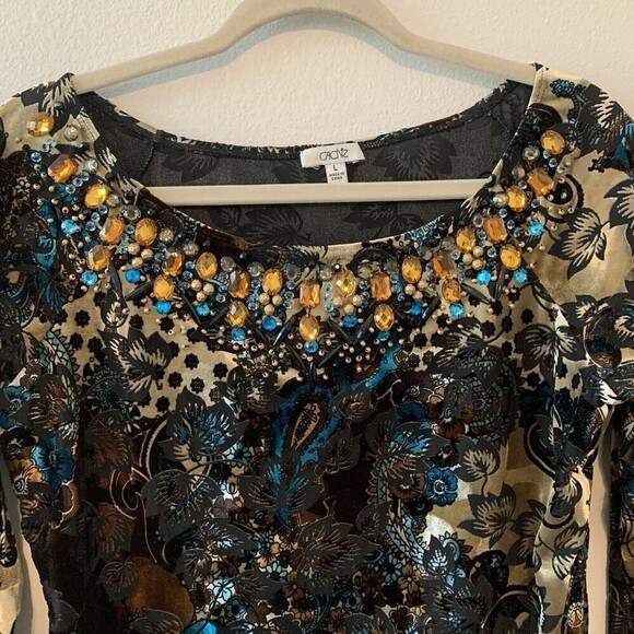 Cache Womens Size Large Multicolor Floral Velvet Embellished Stretch Blouse - Picture 2 of 6